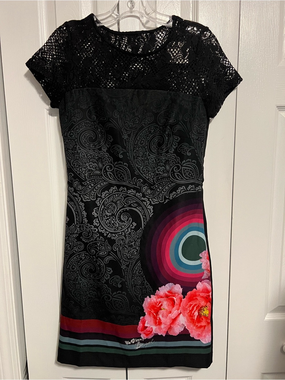 Desigual Black Mini Dress with Pink Floral Accents US SIZE 2
